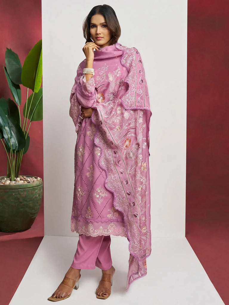 Adorable Pink Embroidered Organza Traditional Pant Suit With Dupatta