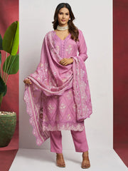 Adorable Pink Embroidered Organza Traditional Pant Suit With Dupatta