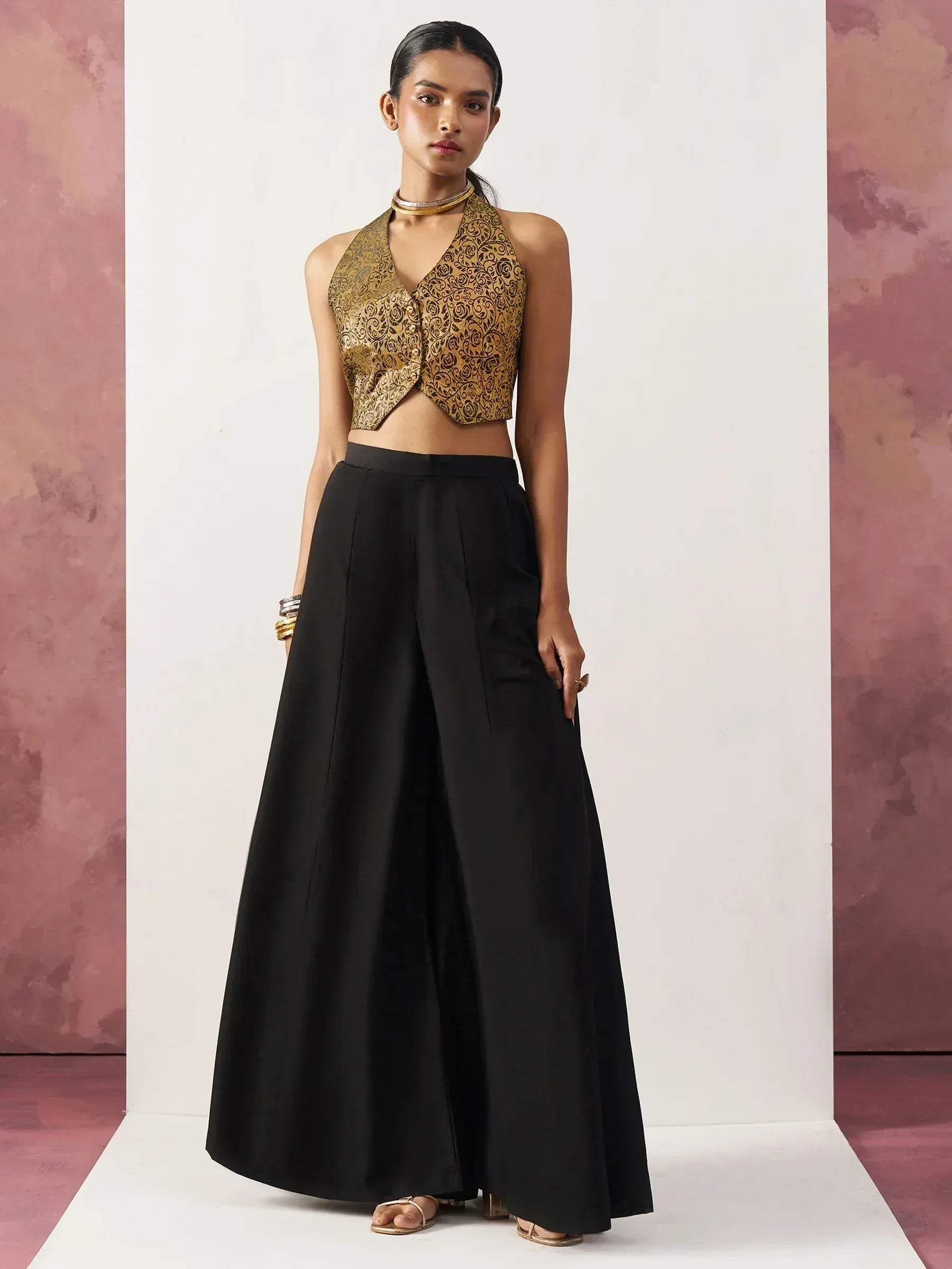 Gold embroidered halter top with black palazzo pants, Indian ethnic wear for women