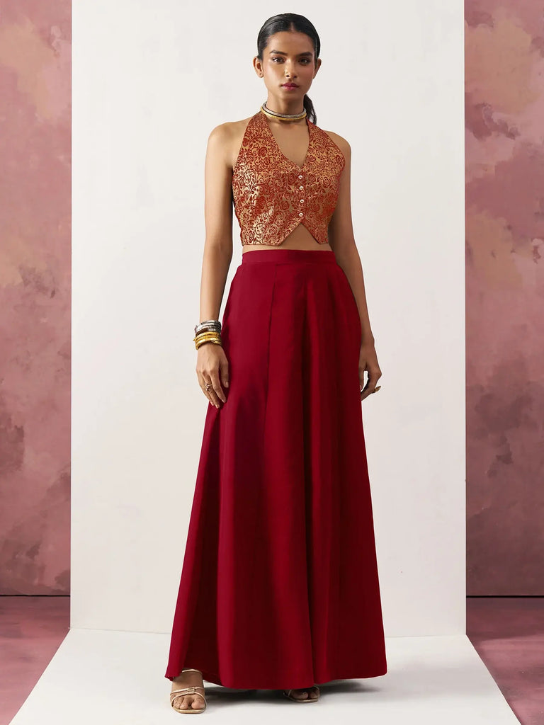 Captivating Maroon Crepe Weaving Waistcoat With Palazzo