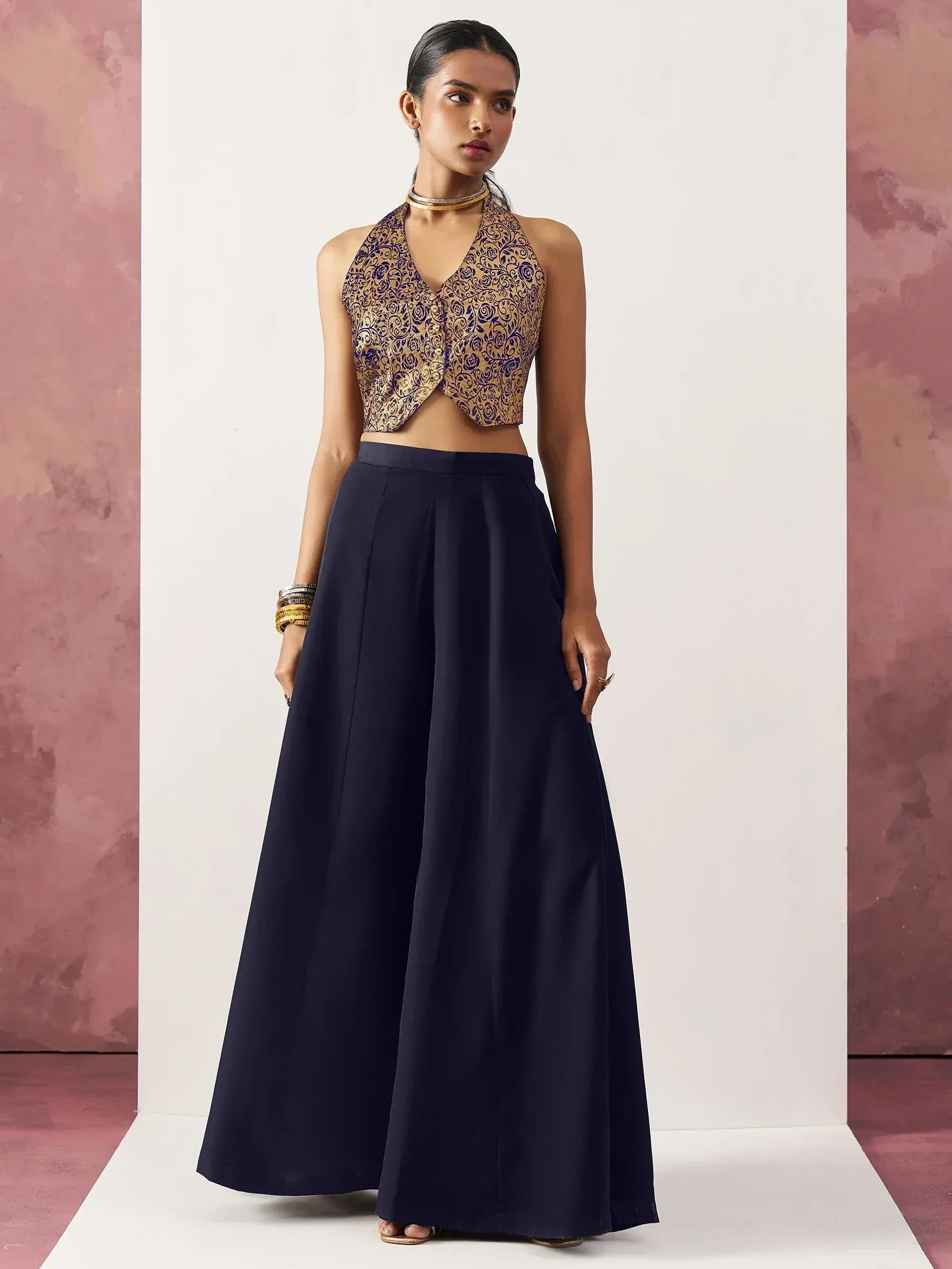 Navy blue palazzo with gold and blue embroidered halter top, Indian ethnic wear