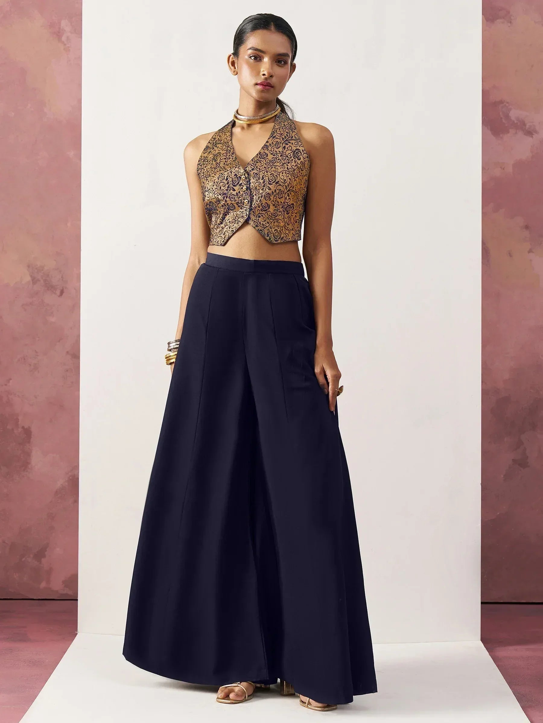 Gold embroidered halter top with navy blue palazzo pants, Indian ethnic wear