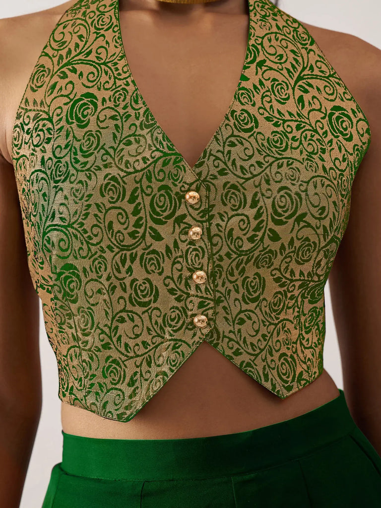 Fascinating Geen Crepe Indo-Western Waistcoat With Palazzo