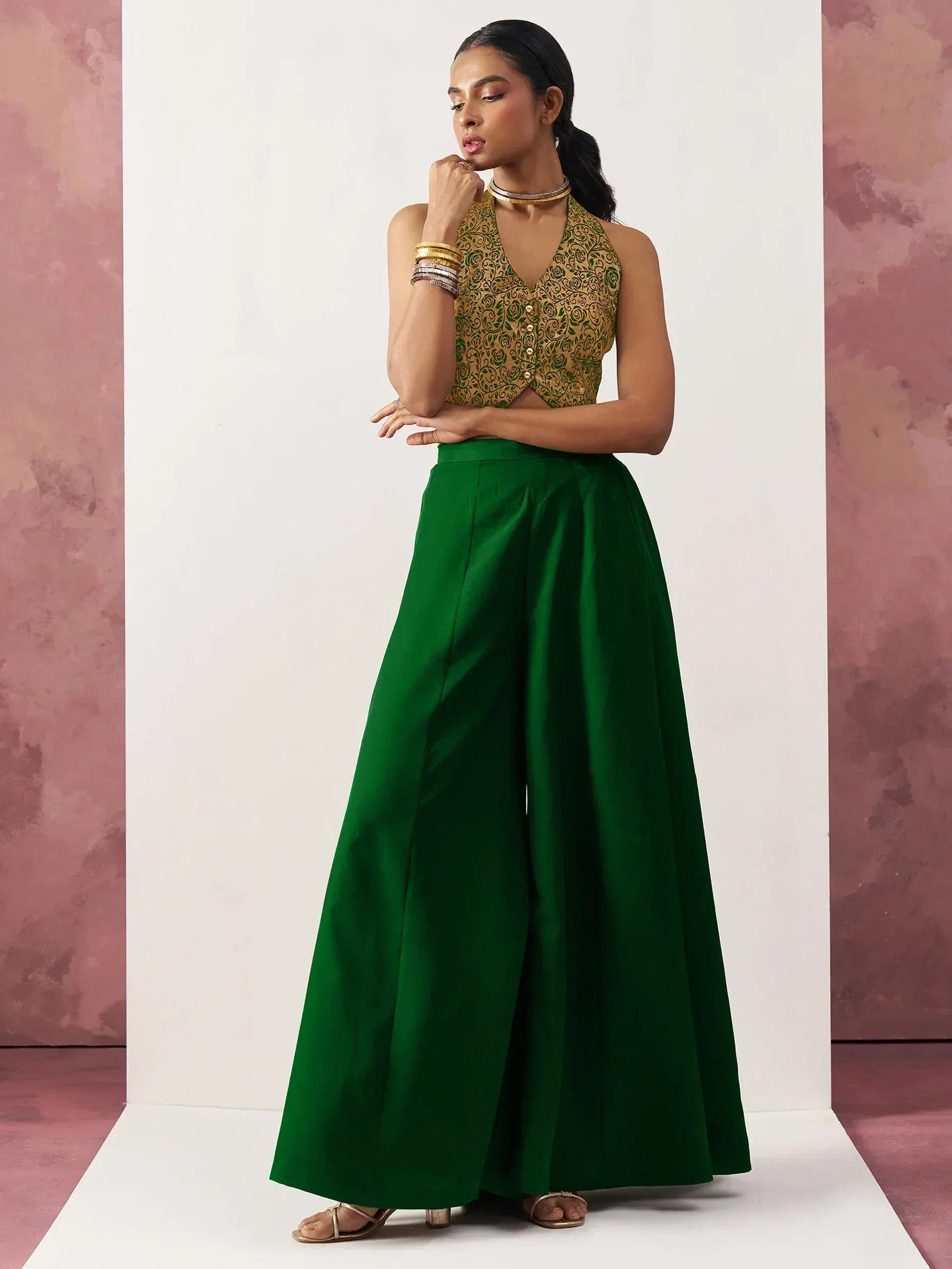 Green embroidered halter top with wide-leg palazzo pants, Indian ethnic wear