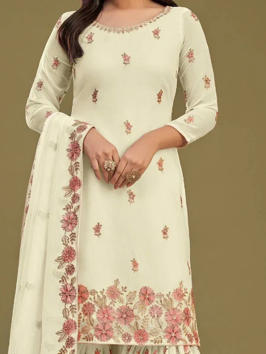 Cream floral embroidered kurta with matching dupatta, ethnic Indian wear for women