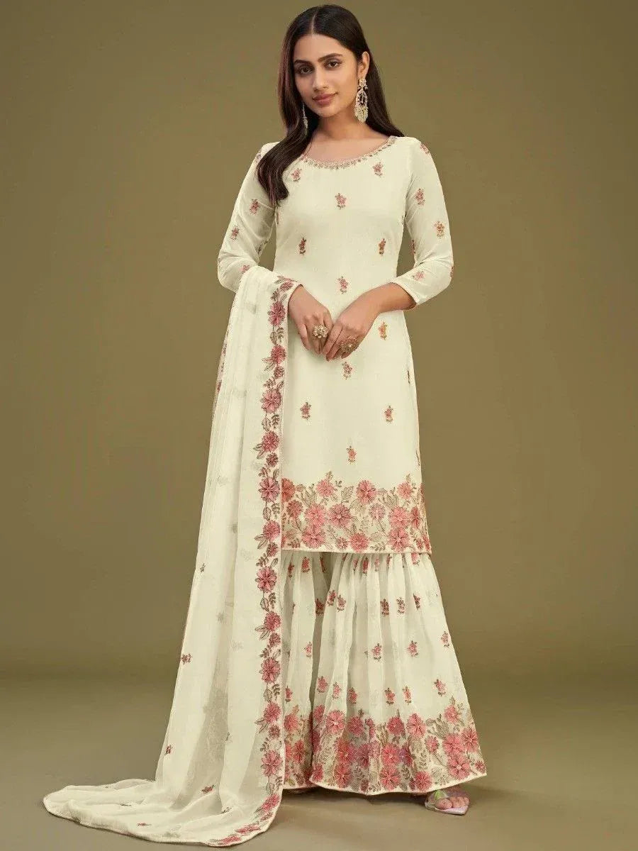 Elegant white floral embroidered salwar kameez with matching dupatta for ethnic wear