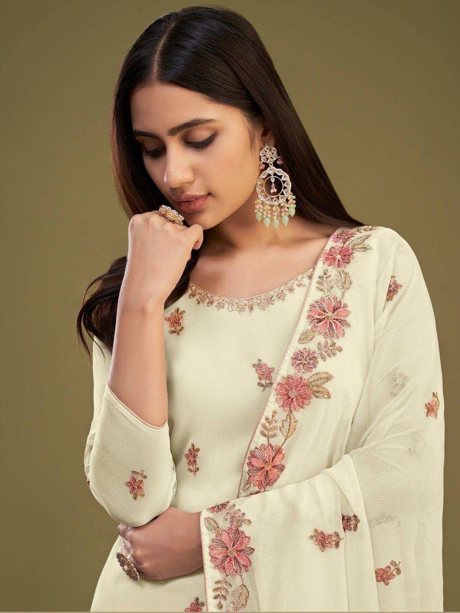 Cream floral embroidered salwar kameez with pink blooms, perfect for Indian ethnic wear occasions