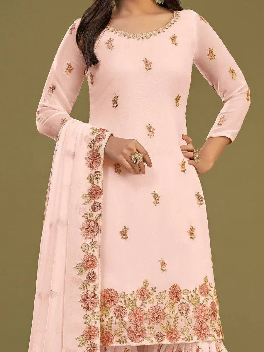 Pink floral embroidered salwar kameez with matching dupatta, perfect for ethnic occasions