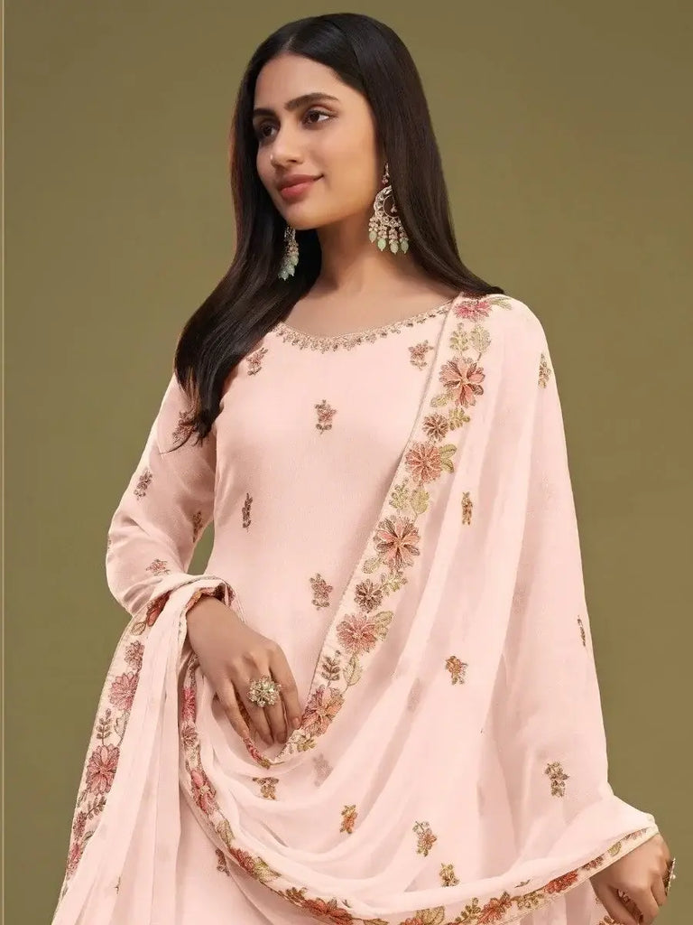 Glamorous Peach Embroidered Georgette Festival Wear Sharara Suit