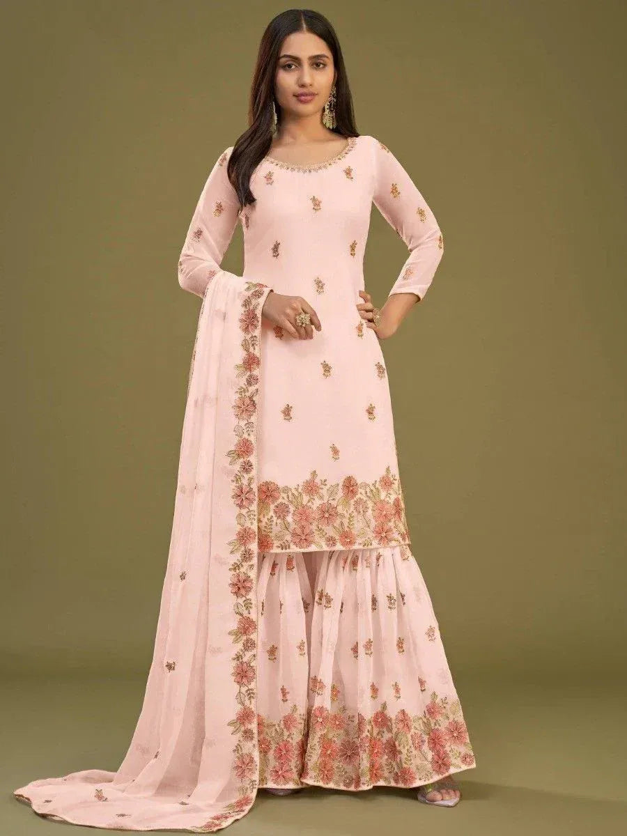 Pink floral embroidered salwar kameez with matching dupatta, perfect for ethnic occasions