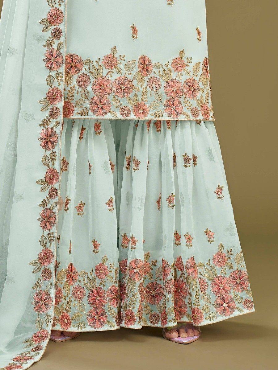 Light blue ethnic gown with pink floral embroidery, perfect for Indian occasions and festive wear.