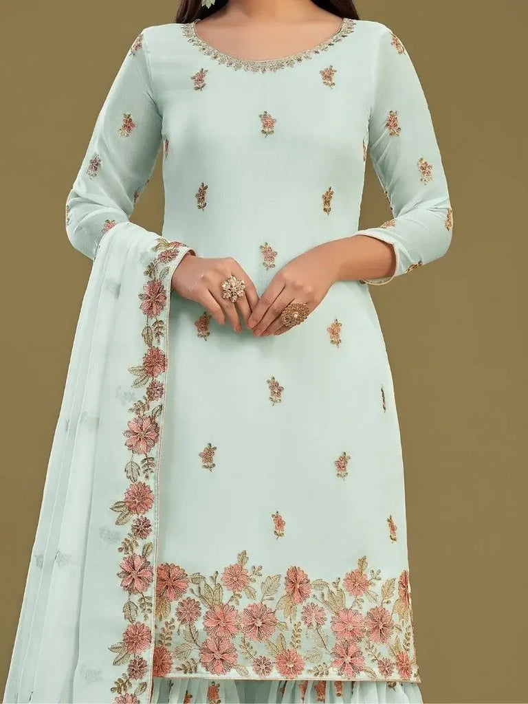 Enchanting Firozi Embroidered Georgette Reception Wear Sharara Suit
