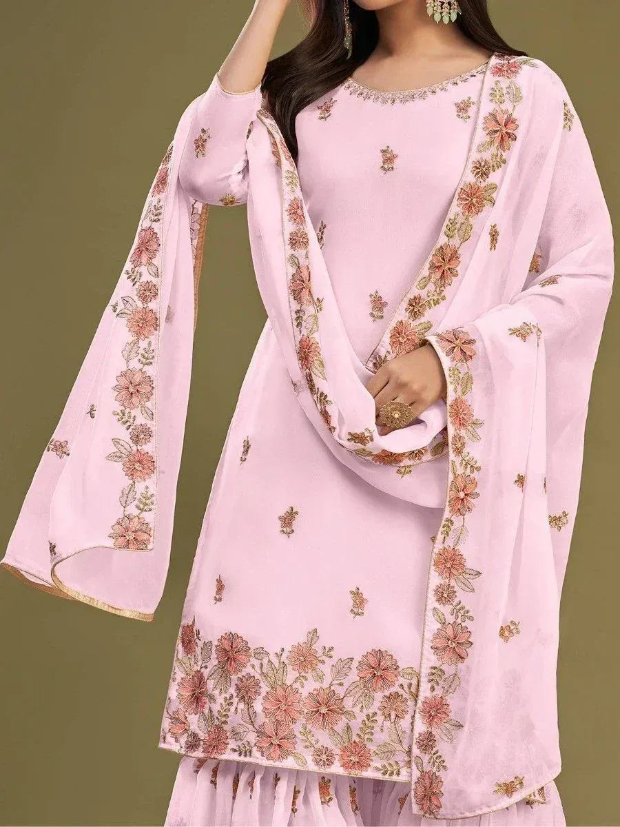 Pink floral embroidered salwar kameez with bell sleeves, perfect for Indian ethnic wear occasions