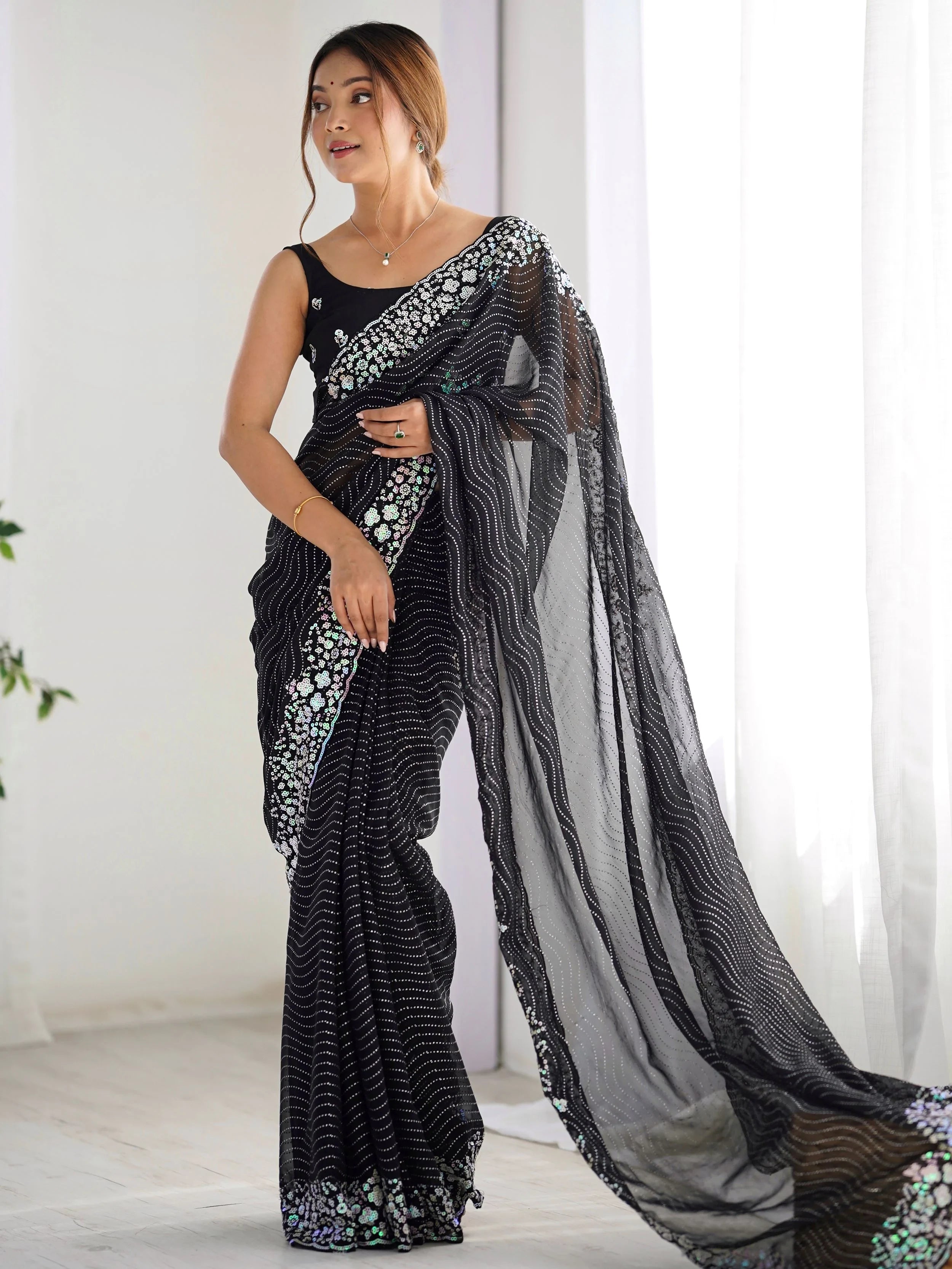 Amazing Black Georgette Sequins Traditional Saree With Blouse - Ethnic Plus In