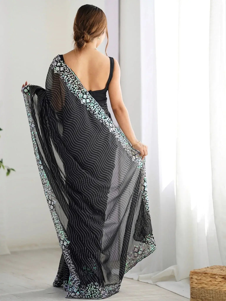 Amazing Black Georgette Sequins Traditional Saree With Blouse - Ethnic Plus In