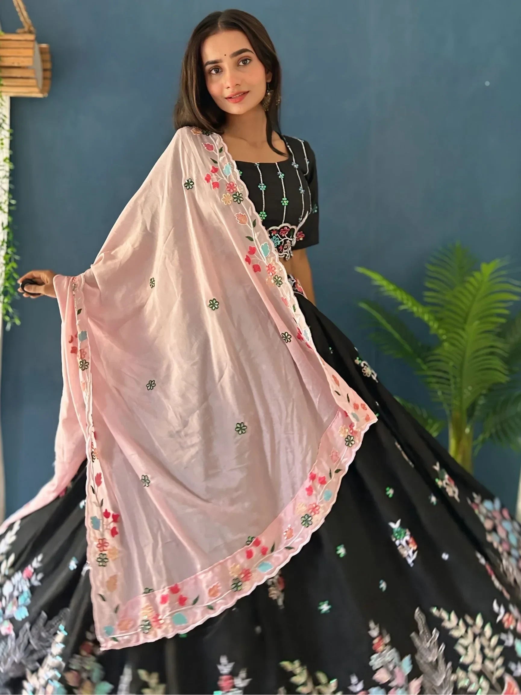 Black floral embroidered lehenga choli with pink dupatta, Indian ethnic wear for women