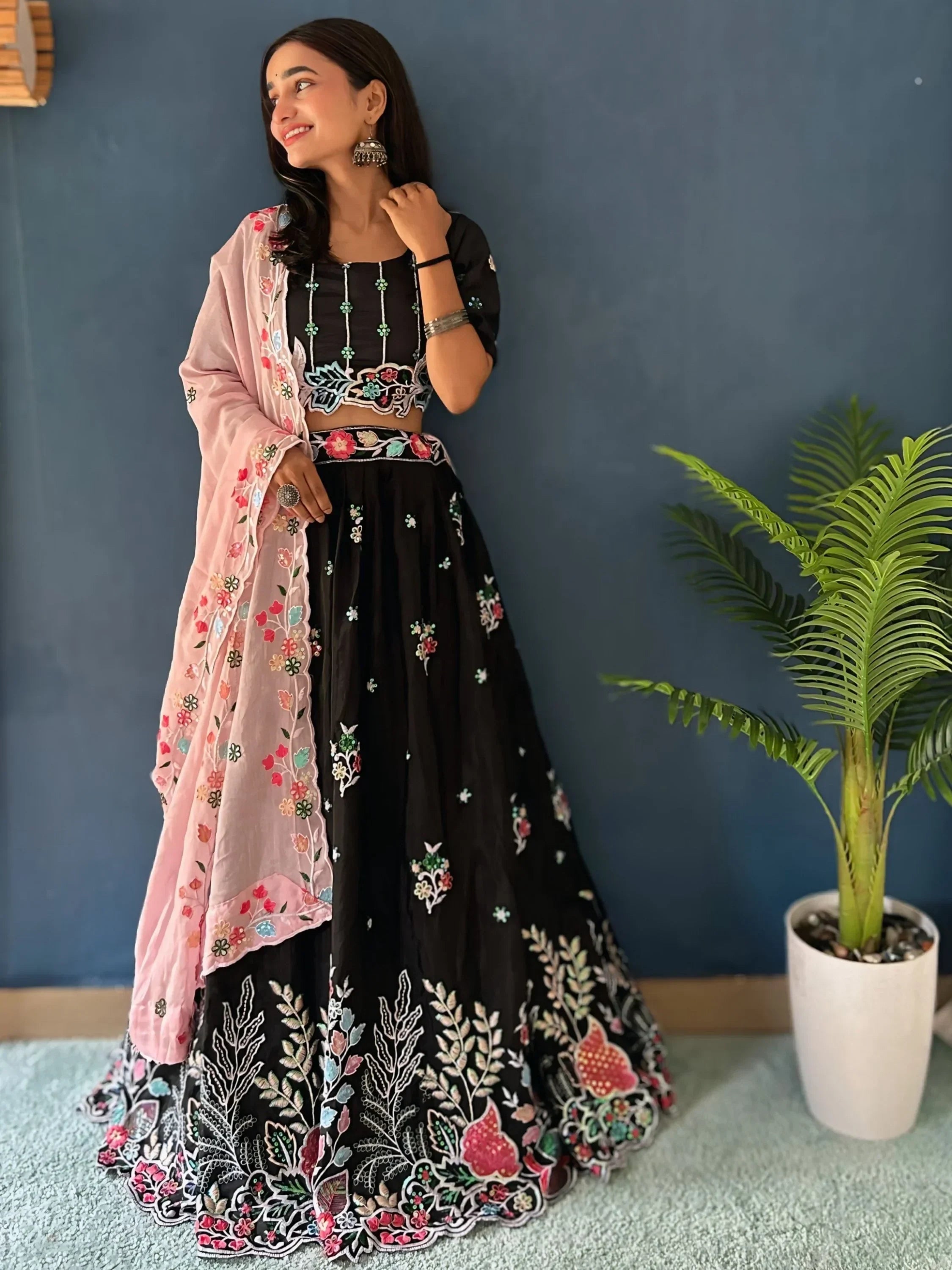 Black floral embroidered lehenga choli with pink dupatta, Indian ethnic wear for women