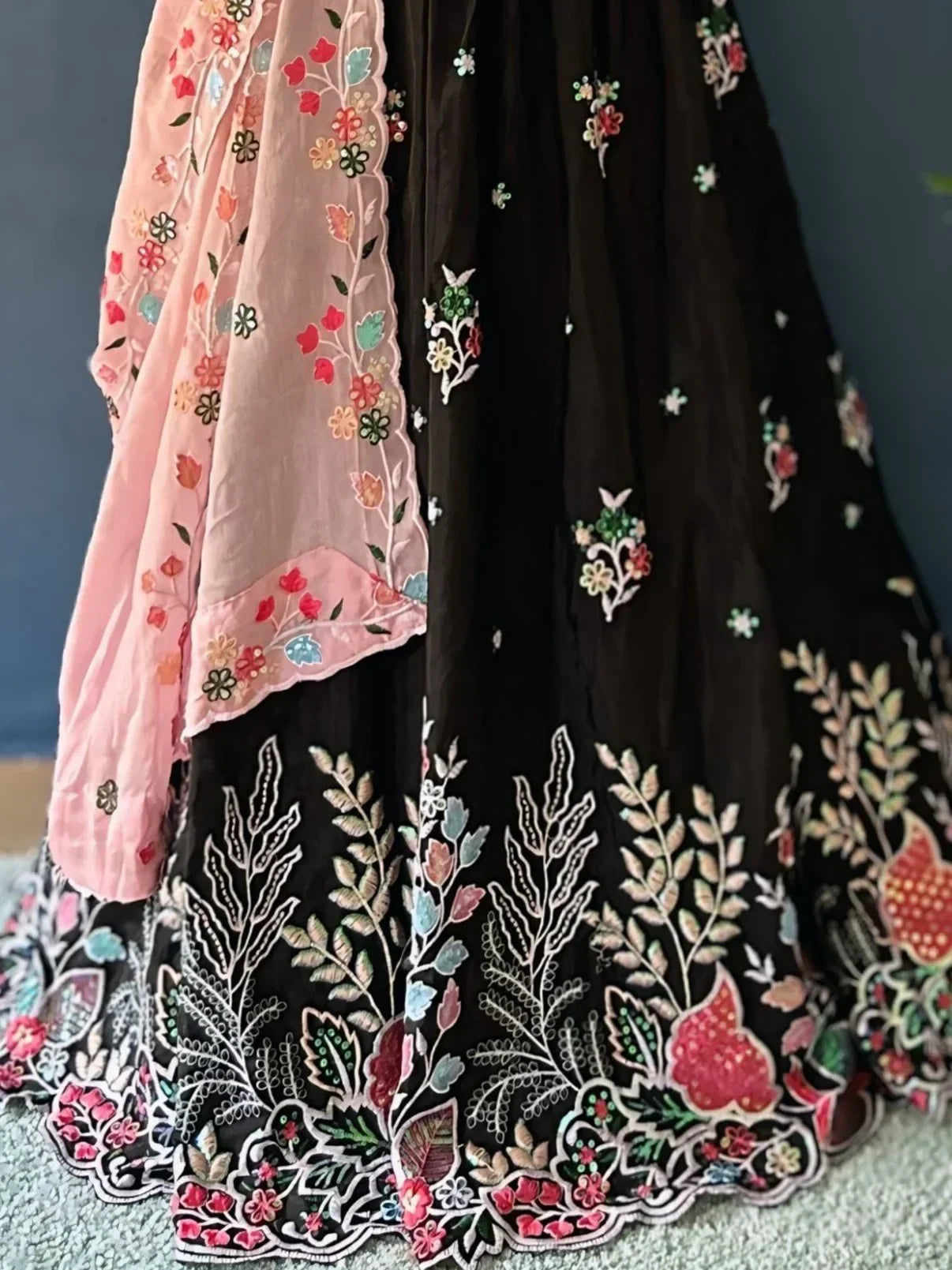 Black embroidered lehenga with floral pink dupatta, Indian ethnic wear