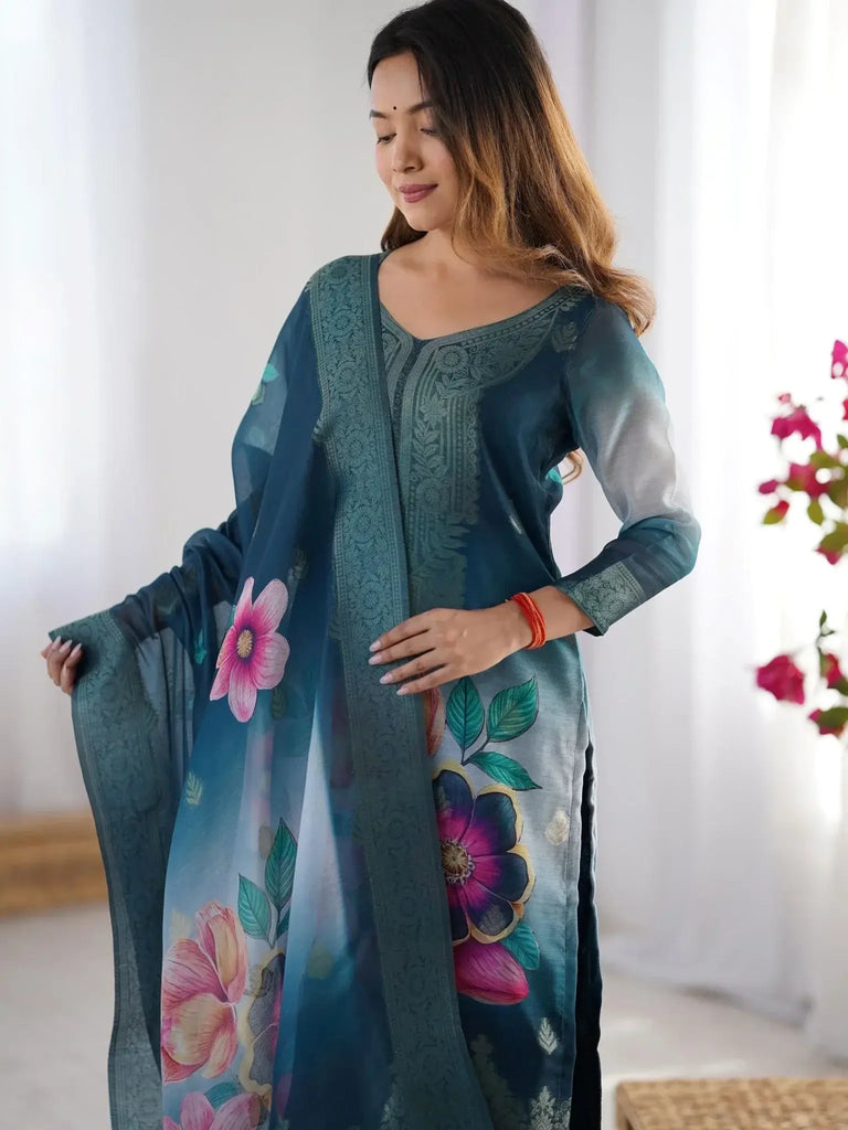 Amazing Blue Chanderi Digital Printed Event Wear Pant Suit - Ethnic Plus In