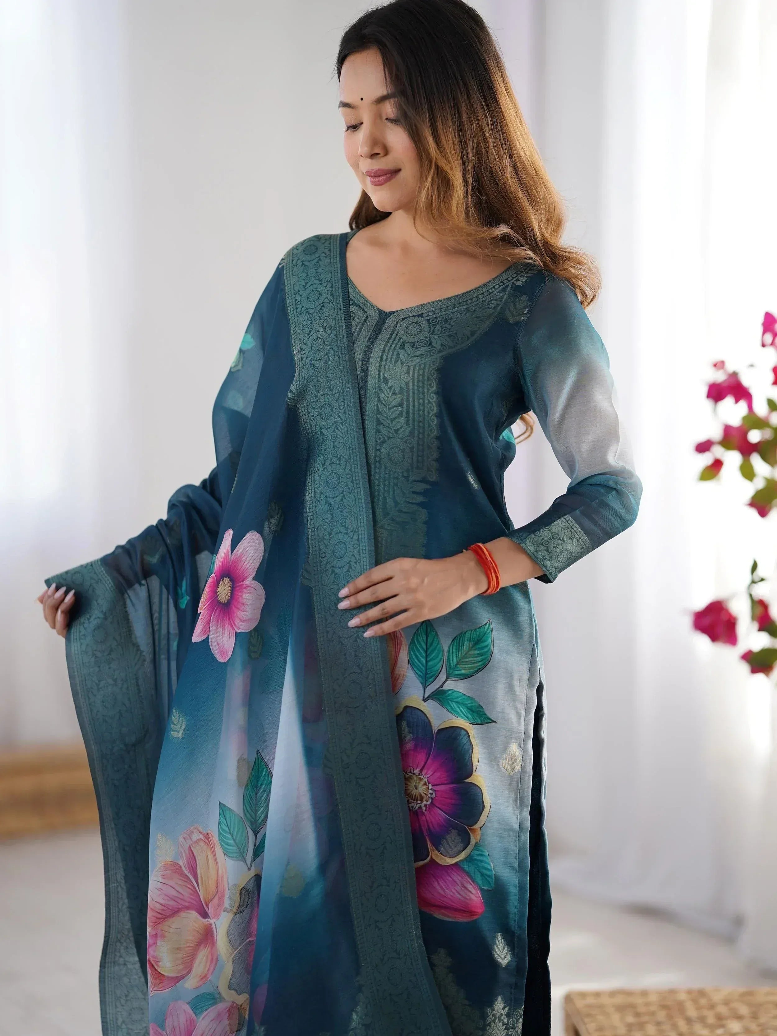 Amazing Blue Chanderi Digital Printed Event Wear Pant Suit - Ethnic Plus In