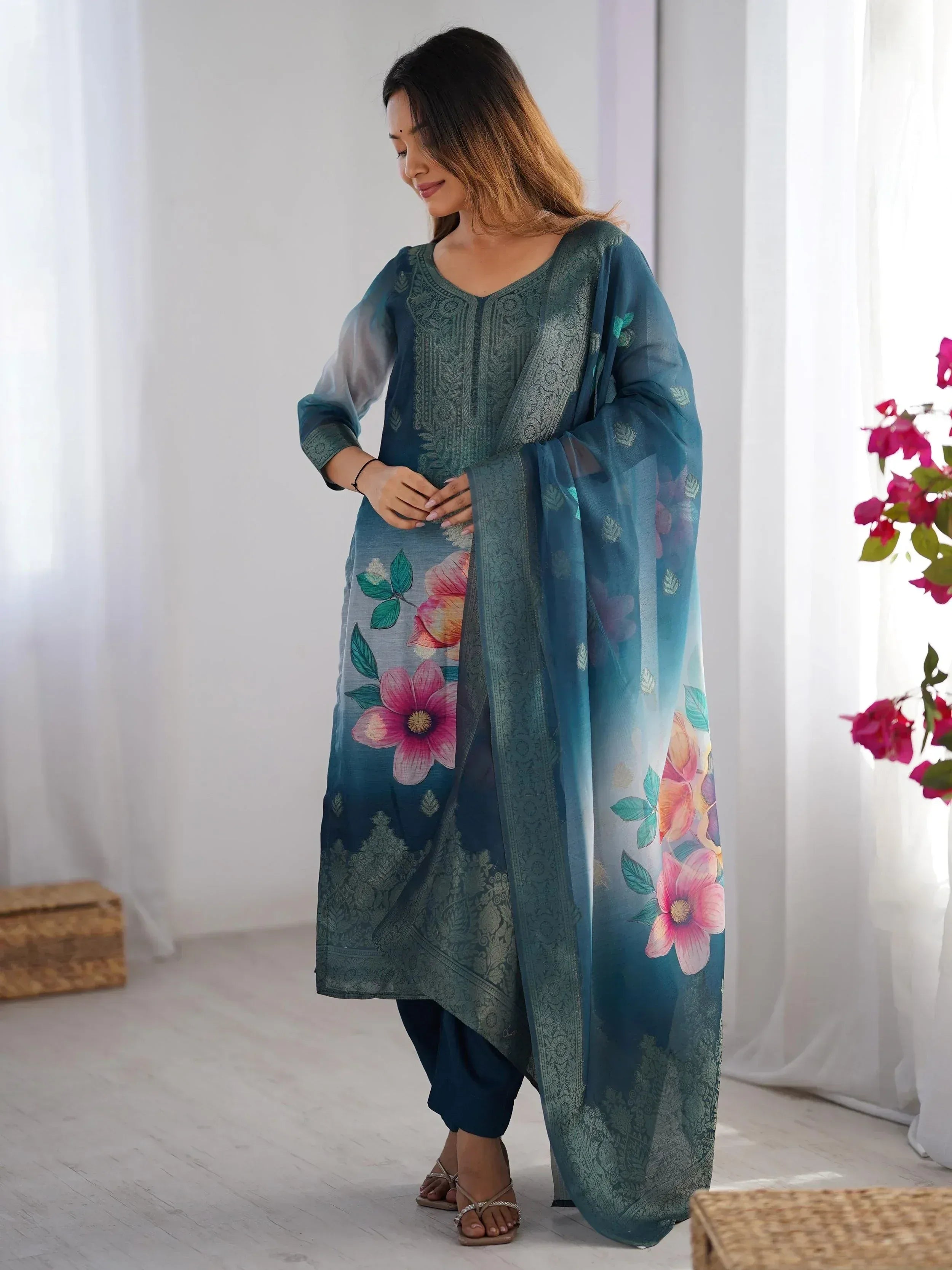 Amazing Blue Chanderi Digital Printed Event Wear Pant Suit - Ethnic Plus In