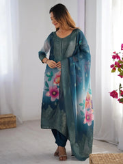 Amazing Blue Chanderi Digital Printed Event Wear Pant Suit - Ethnic Plus In