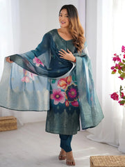 Amazing Blue Chanderi Digital Printed Event Wear Pant Suit - Ethnic Plus In