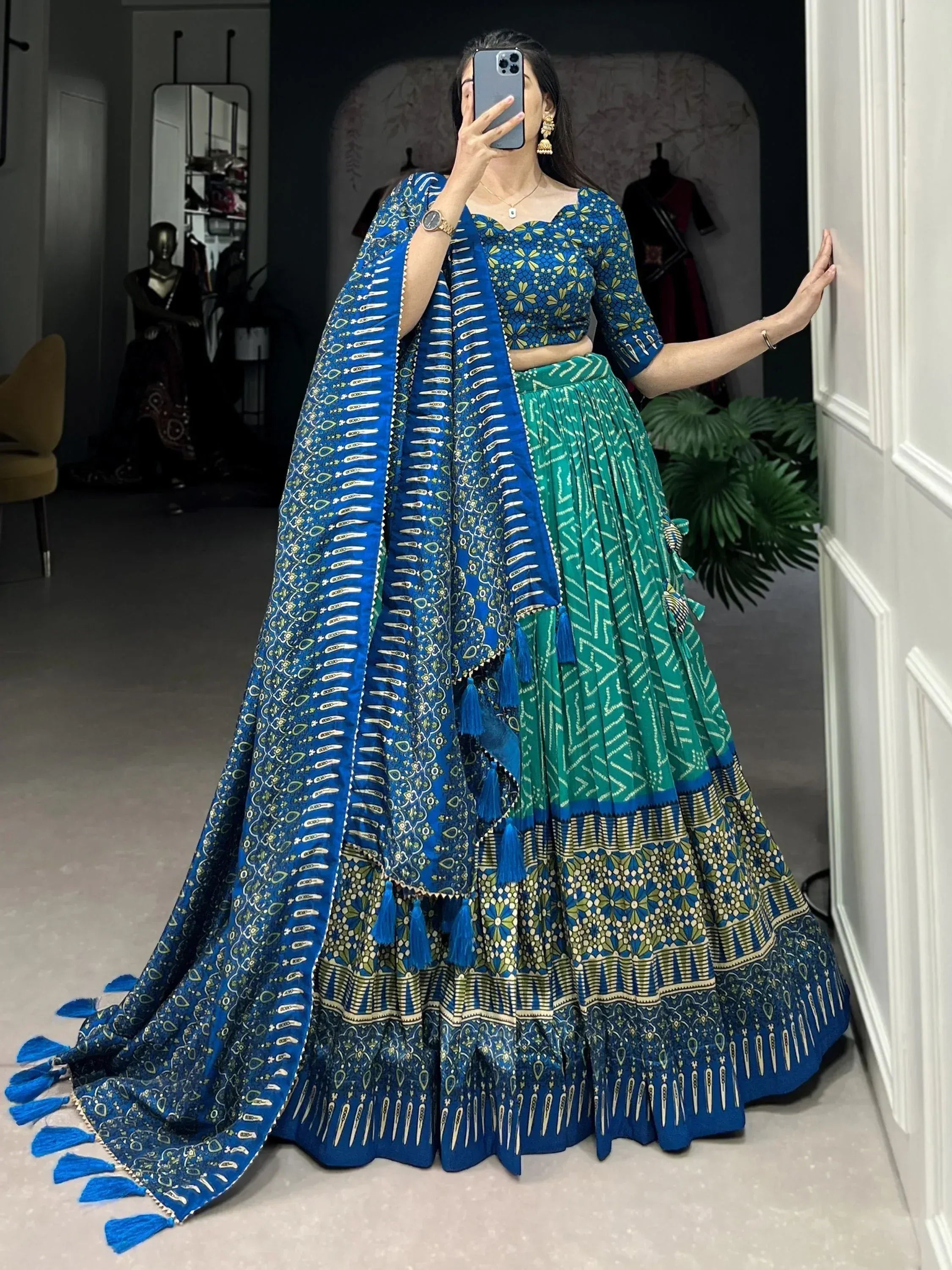 Blue and green printed lehenga choli with tassel dupatta, ethnic Indian wear for women