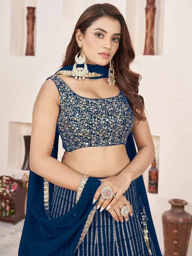 Amazing Blue Sequins Work Georgette Engagement Wear Lehenga Choli - Ethnic Plus In