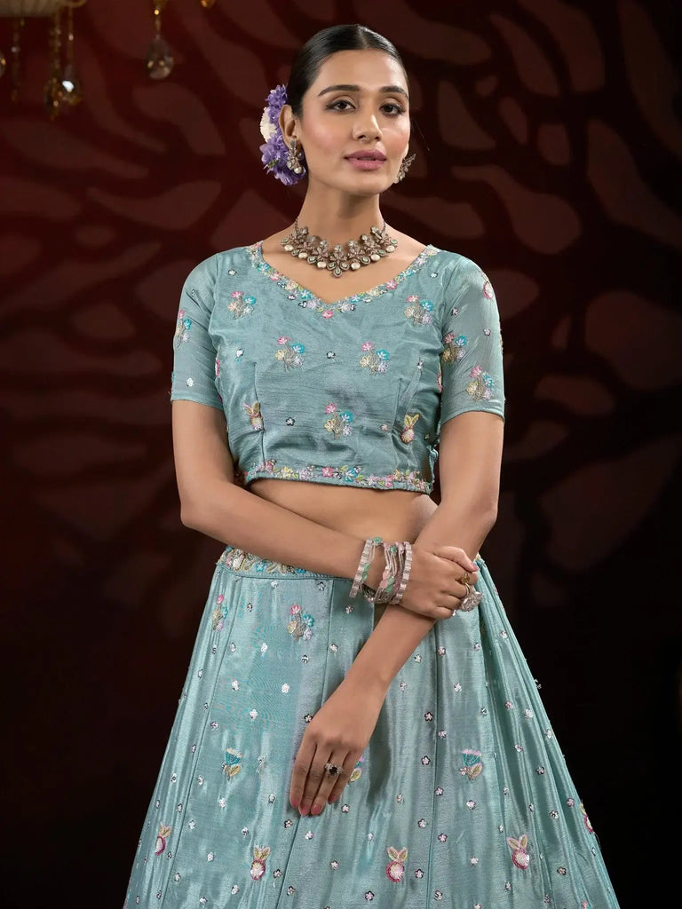 Amazing Blue Thread Embroidered Net Engagement Wear Lehenga Choli - Ethnic Plus In
