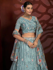 Amazing Blue Thread Embroidered Net Engagement Wear Lehenga Choli - Ethnic Plus In