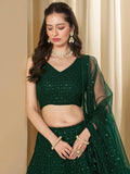 Amazing Bottle Green Sequins Work Georgette Mehendi Wear Lehenga Choli - Ethnic Plus In