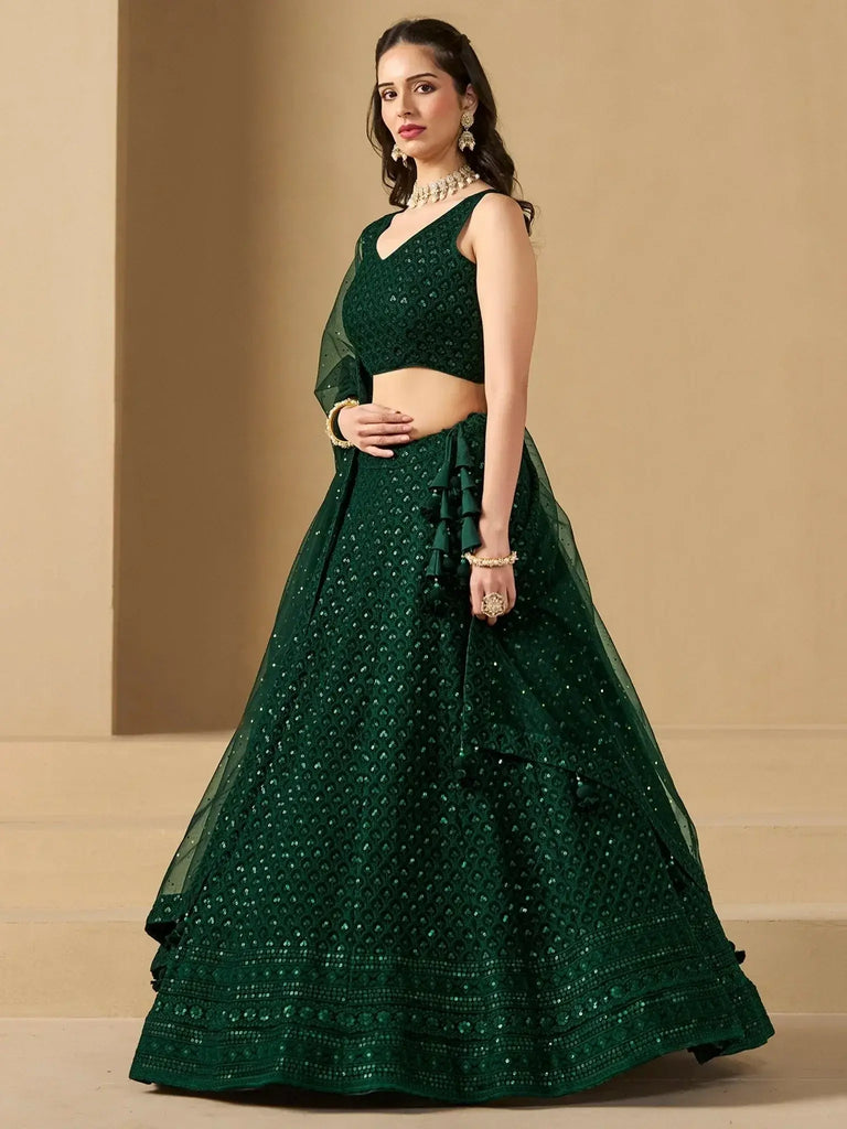 Amazing Bottle Green Sequins Work Georgette Mehendi Wear Lehenga Choli - Ethnic Plus In
