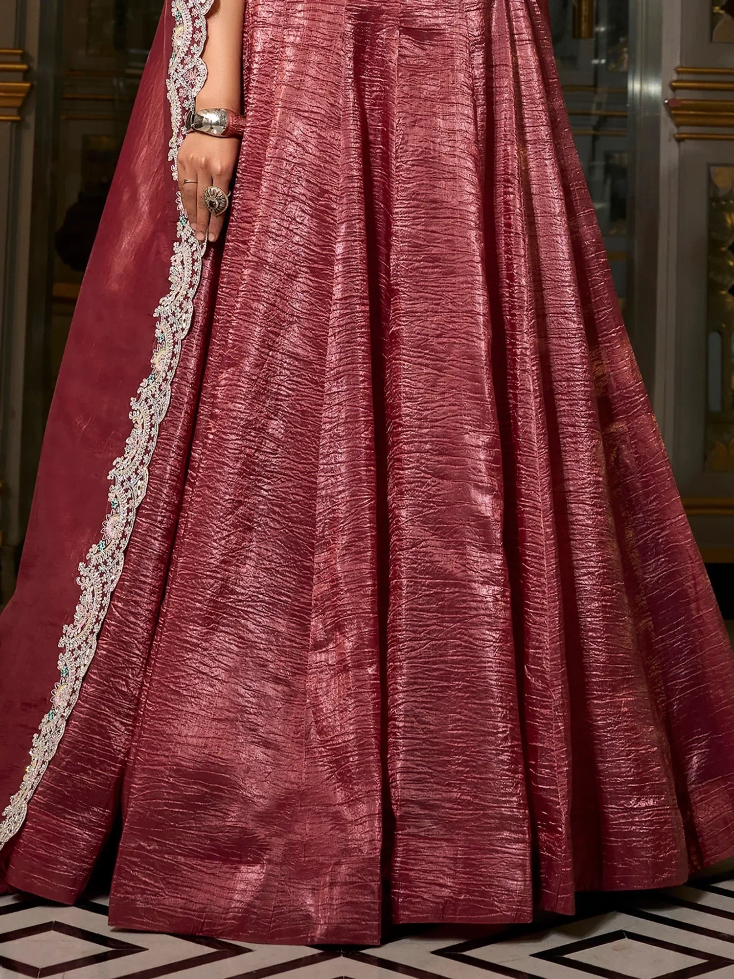 Amazing Burgundy Thread Embroidered Crushed Lehenga Choli - Ethnic Plus In