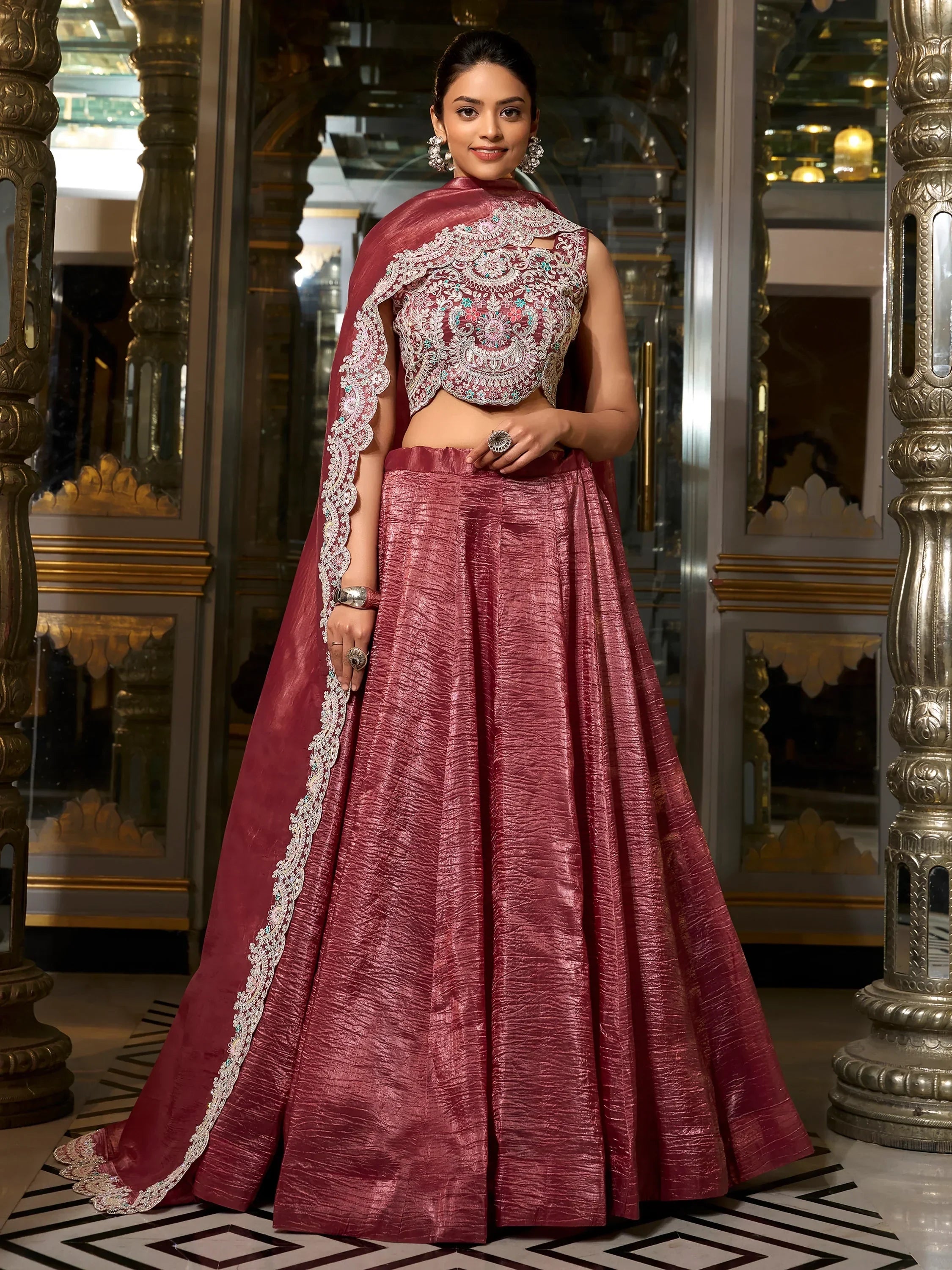 Amazing Burgundy Thread Embroidered Crushed Lehenga Choli - Ethnic Plus In