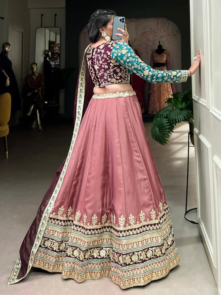 Amazing Dusty Pink Thread Embroidered Silk Reception Wear Lehenga Choli - Ethnic Plus In