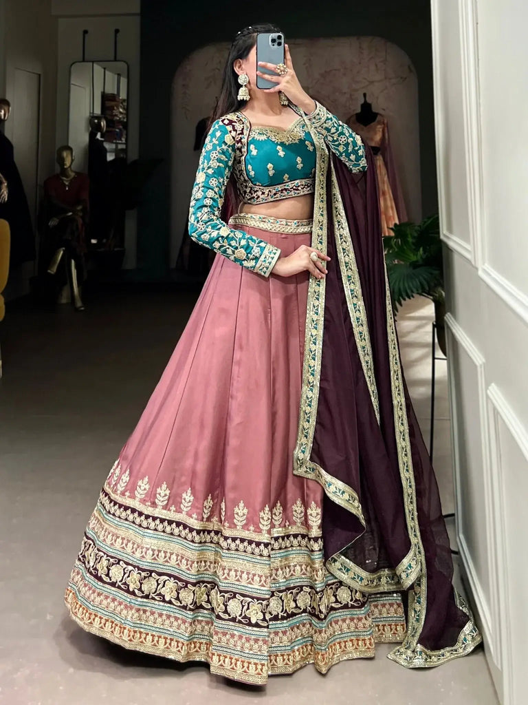Amazing Dusty Pink Thread Embroidered Silk Reception Wear Lehenga Choli - Ethnic Plus In