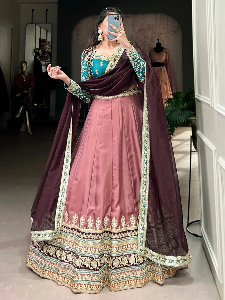 Amazing Dusty Pink Thread Embroidered Silk Reception Wear Lehenga Choli - Ethnic Plus In