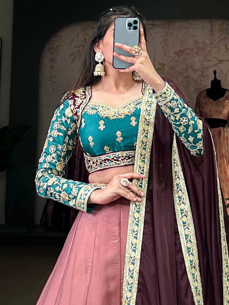 Amazing Dusty Pink Thread Embroidered Silk Reception Wear Lehenga Choli - Ethnic Plus In