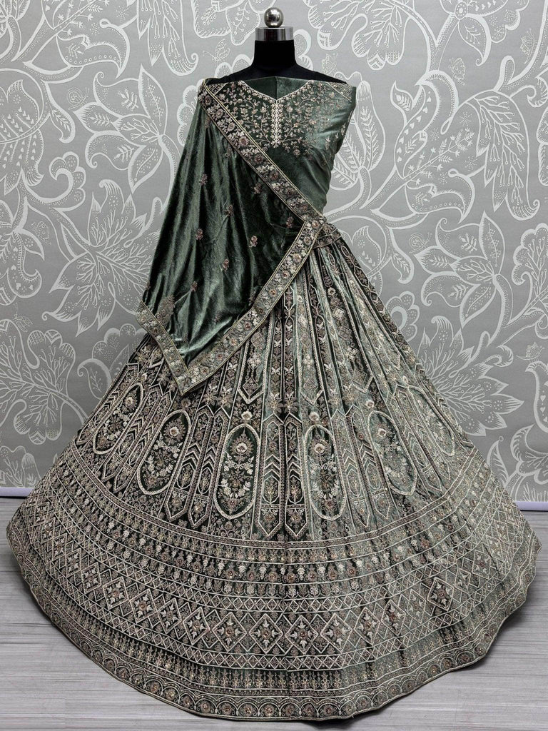 Amazing Green Sequins Velvet Bridal Lehenga Choli With Double Dupatta - Ethnic Plus In