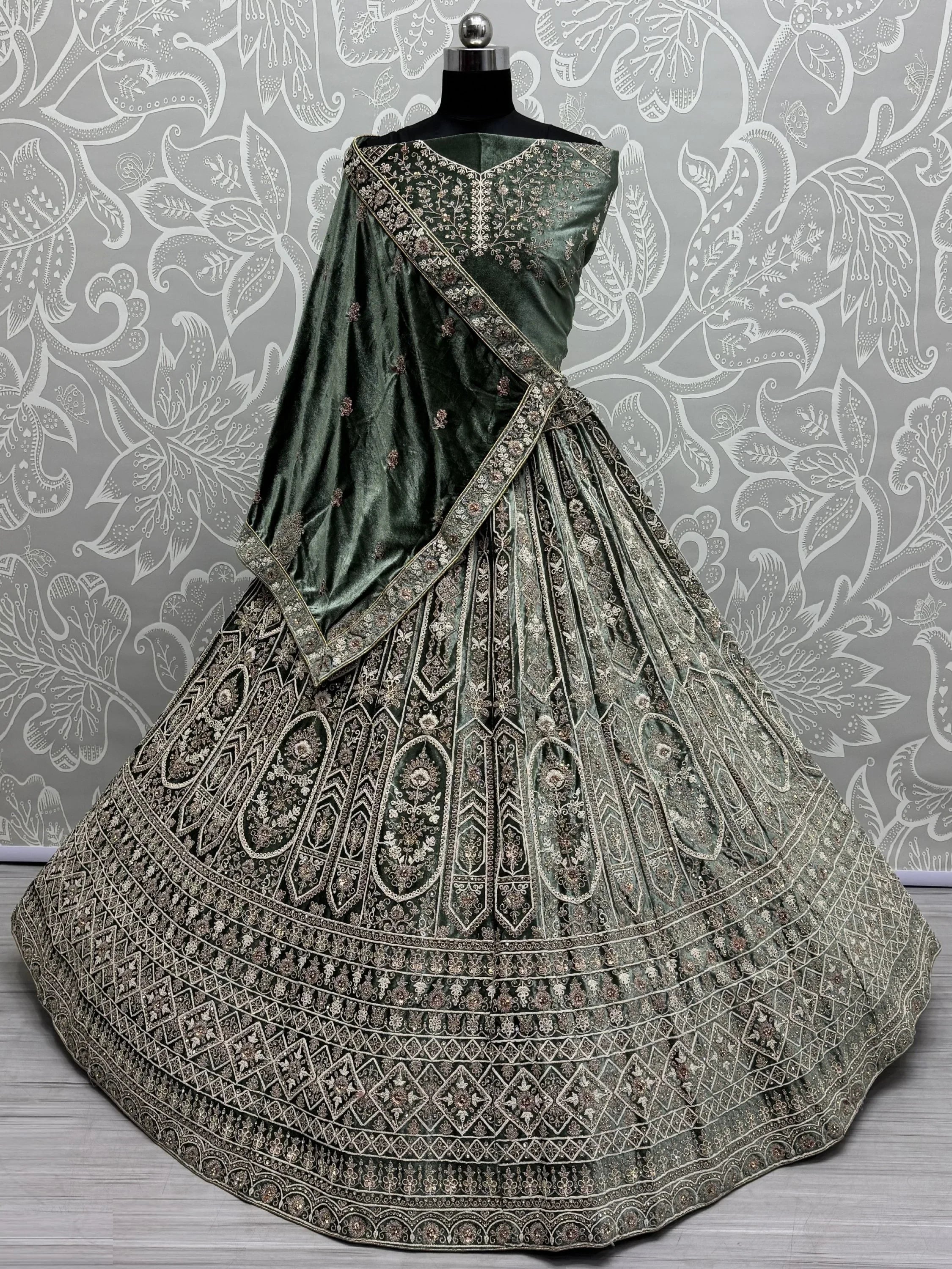 Amazing Green Sequins Velvet Bridal Lehenga Choli With Double Dupatta - Ethnic Plus In