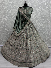 Amazing Green Sequins Velvet Bridal Lehenga Choli With Double Dupatta - Ethnic Plus In
