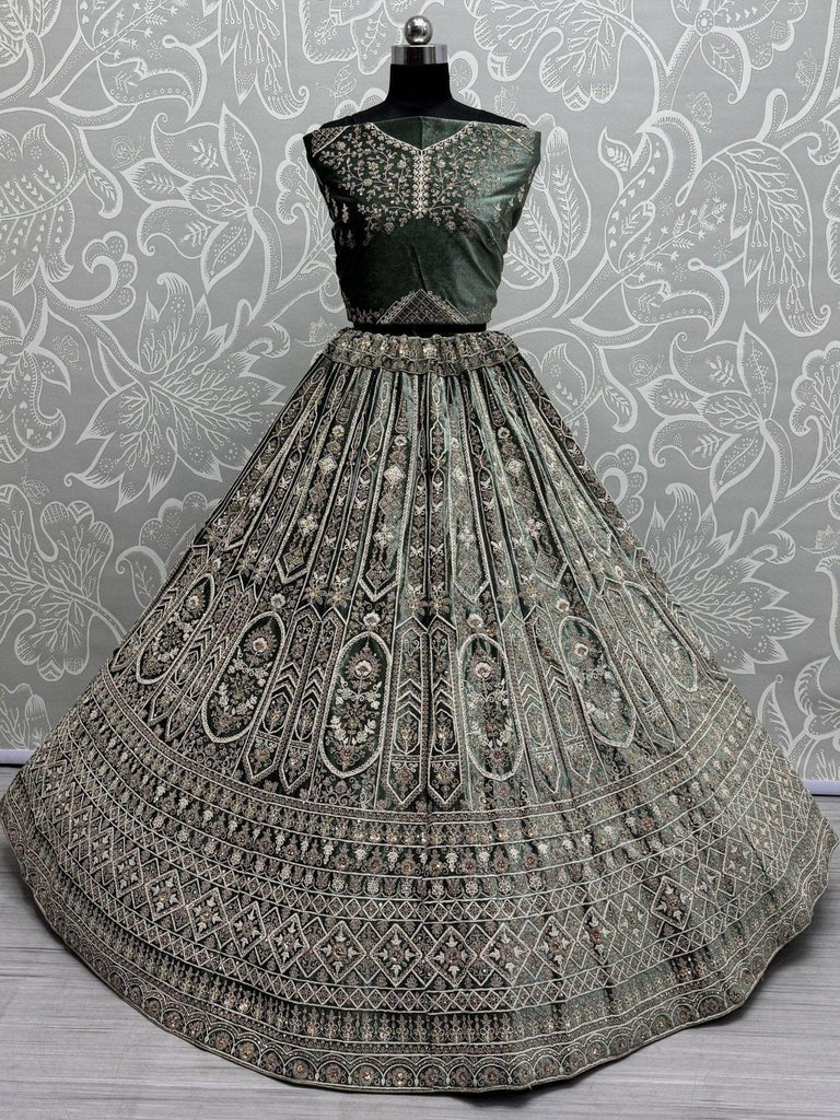 Amazing Green Sequins Velvet Bridal Lehenga Choli With Double Dupatta - Ethnic Plus In