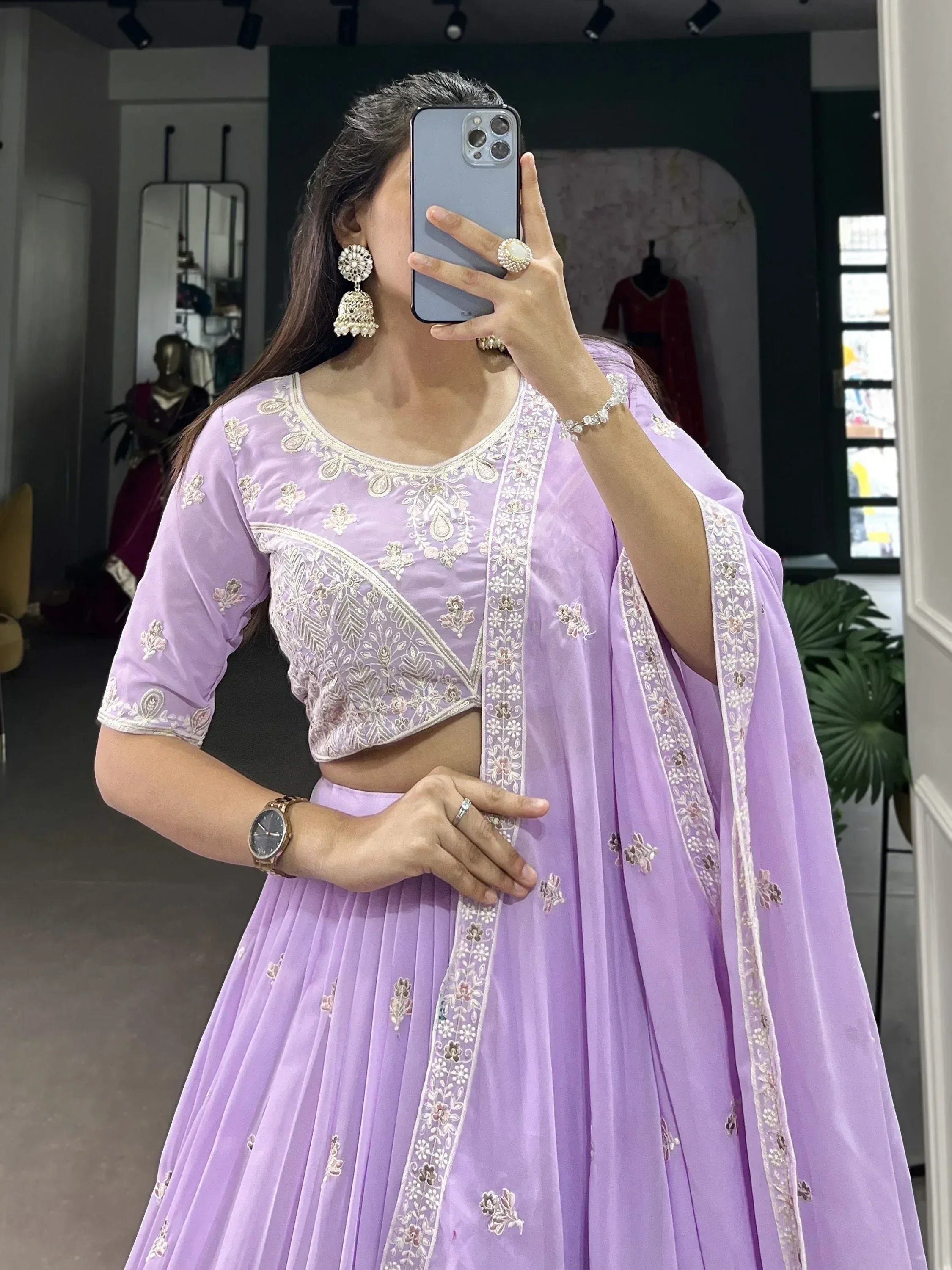 Lavender embroidered lehenga choli with floral detailing, perfect for Indian ethnic wear occasions