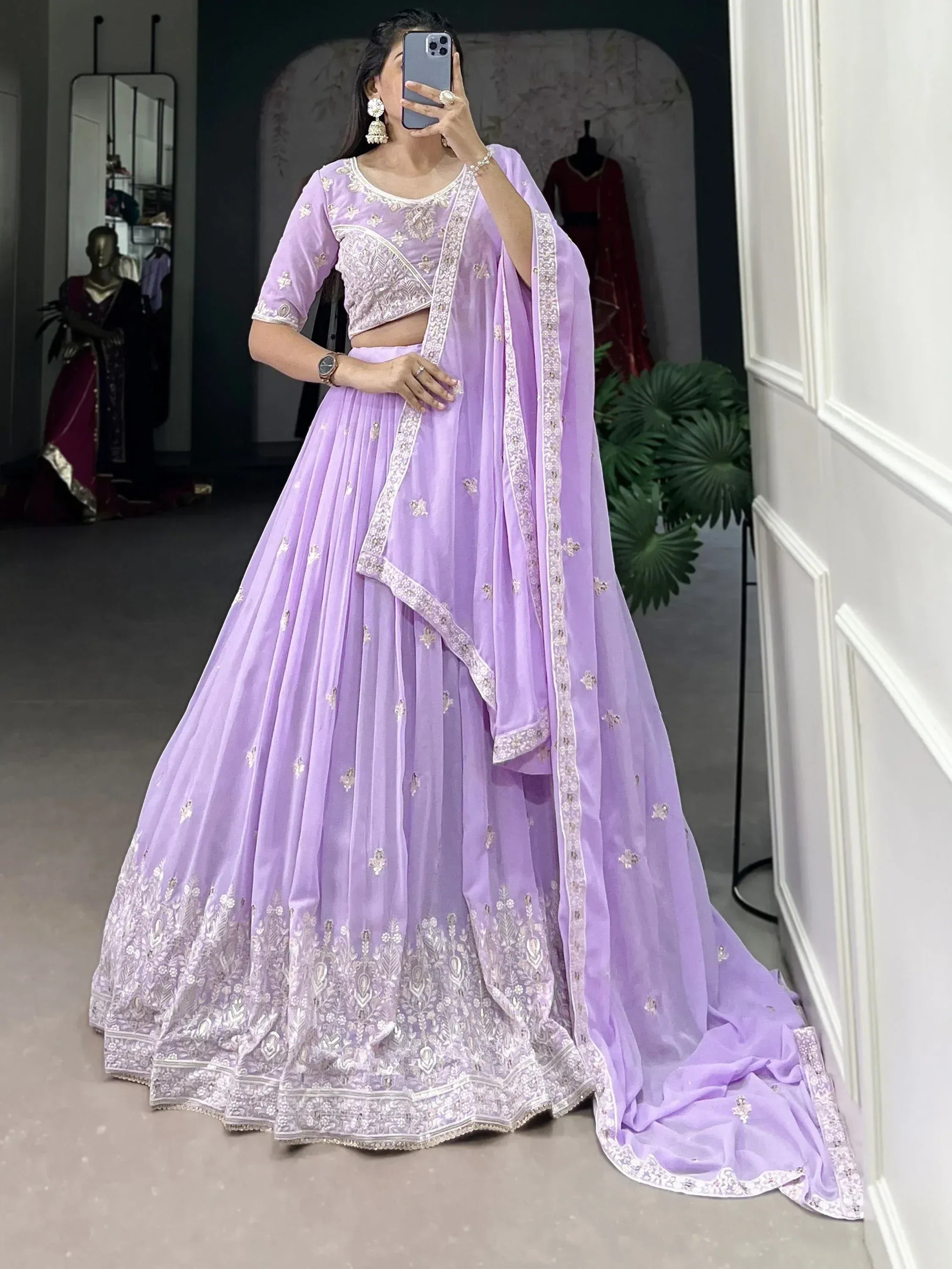 Lavender designer lehenga choli with intricate embroidery, perfect for Indian ethnic wear occasions