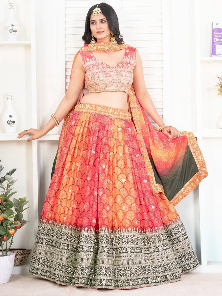 Amazing Multi - Color Bandhni Printed Chinon Silk Lehenga Choli With Dupatta - Ethnic Plus In