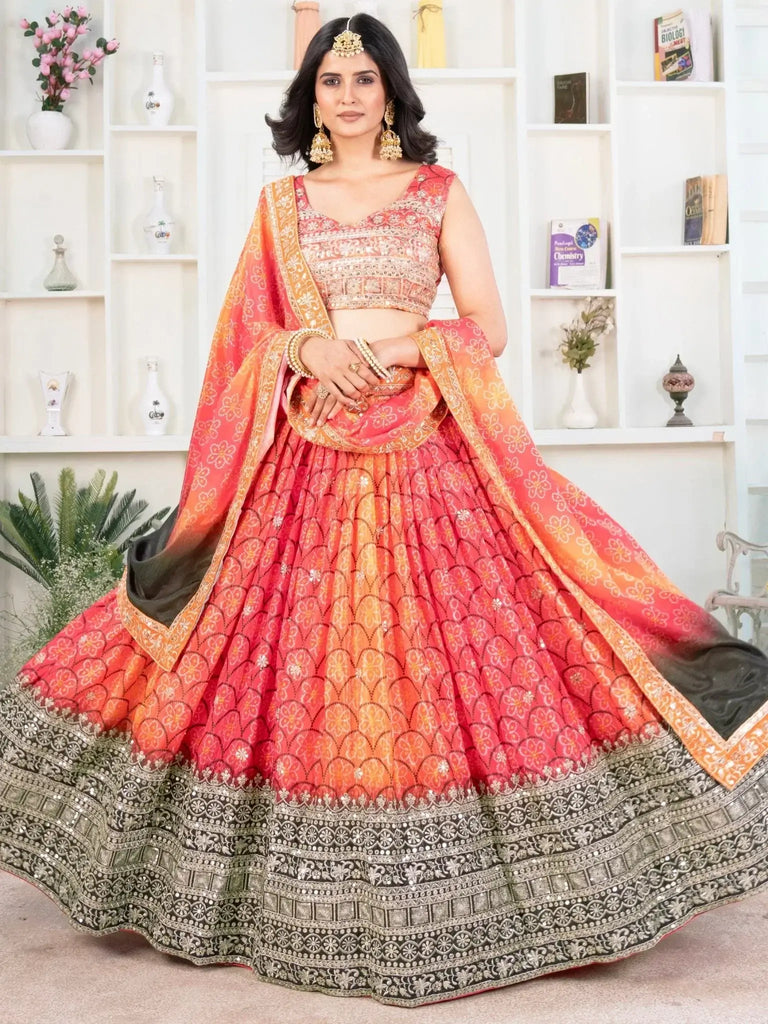 Amazing Multi - Color Bandhni Printed Chinon Silk Lehenga Choli With Dupatta - Ethnic Plus In