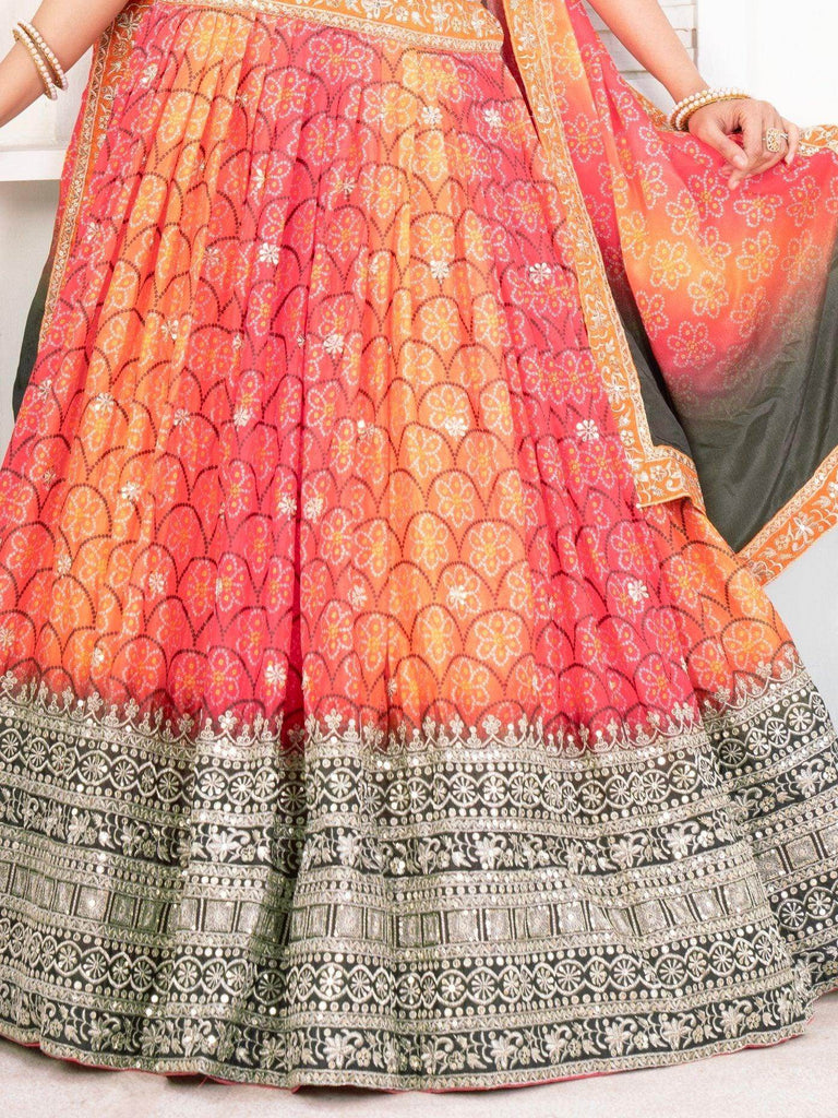 Amazing Multi - Color Bandhni Printed Chinon Silk Lehenga Choli With Dupatta - Ethnic Plus In