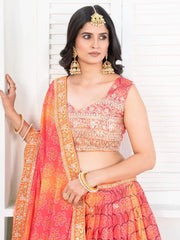 Amazing Multi - Color Bandhni Printed Chinon Silk Lehenga Choli With Dupatta - Ethnic Plus In
