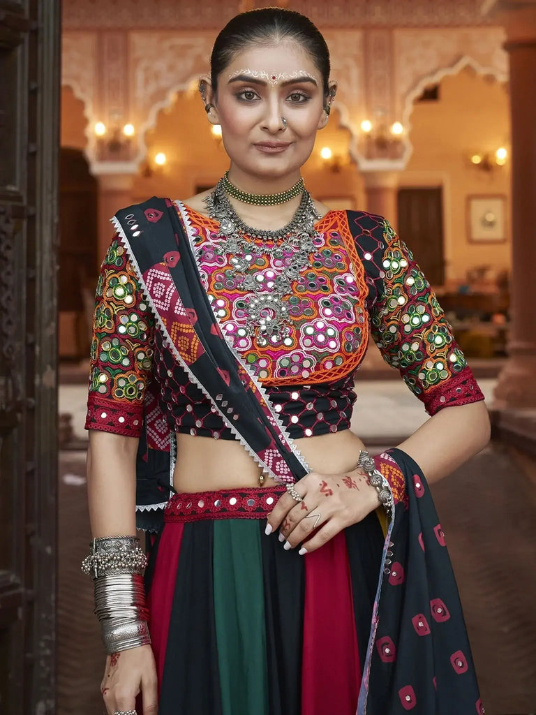 Amazing Multi Color Embroidered Rayon Navratri Lehenga Choli - Ethnic Plus In